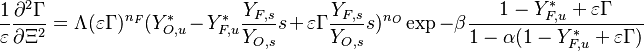  \frac{1}{\varepsilon}\frac{\partial^2 \Gamma}{\partial \Xi^2} = \Lambda (\varepsilon \Gamma)^{n_F} (Y_{O,u}^*-Y_{F,u}^*\frac{Y_{F,s}}{Y_{O,s}}s +\varepsilon\Gamma\frac{Y_{F,s}}{Y_{O,s}}s )^{n_O}\exp{-\beta\frac{1-Y_{F,u}^*+\varepsilon\Gamma}{1-\alpha(1-Y_{F,u}^*+\varepsilon\Gamma)}}